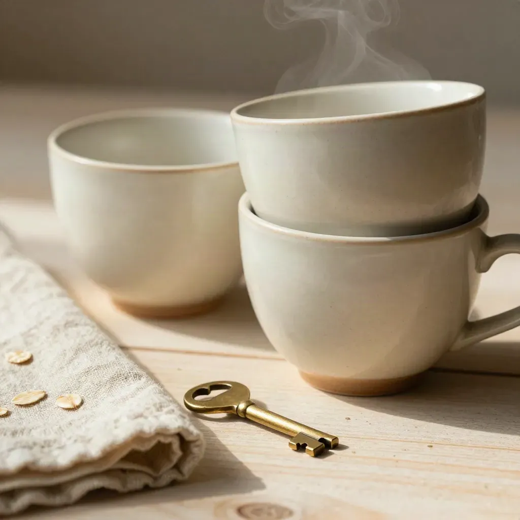 Stacked ivory cups, linen cloth, and brass key token on pale wood with steam and warm light.