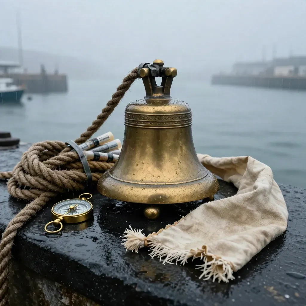 Weathered brass captain’s bell with rope, message tubes, and canvas pennant on a wet dock.