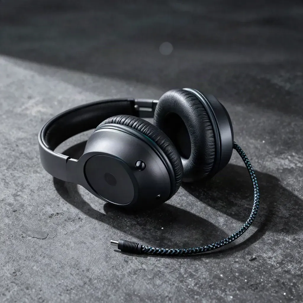 Matte headset shell, braided cable loop, and controller grips on dark concrete with dramatic light.