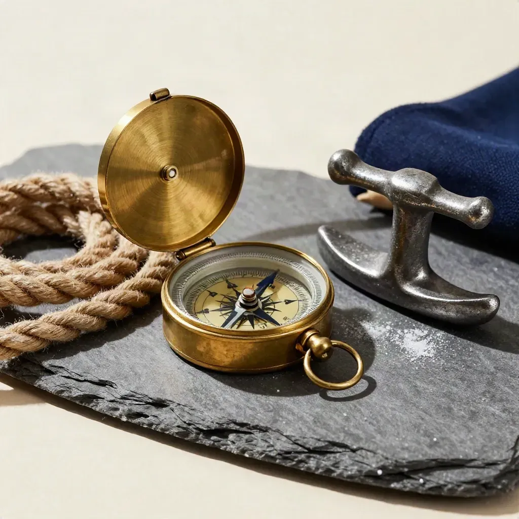 Brass compass, coiled rope, and steel cleat on brushed slate with soft directional light.