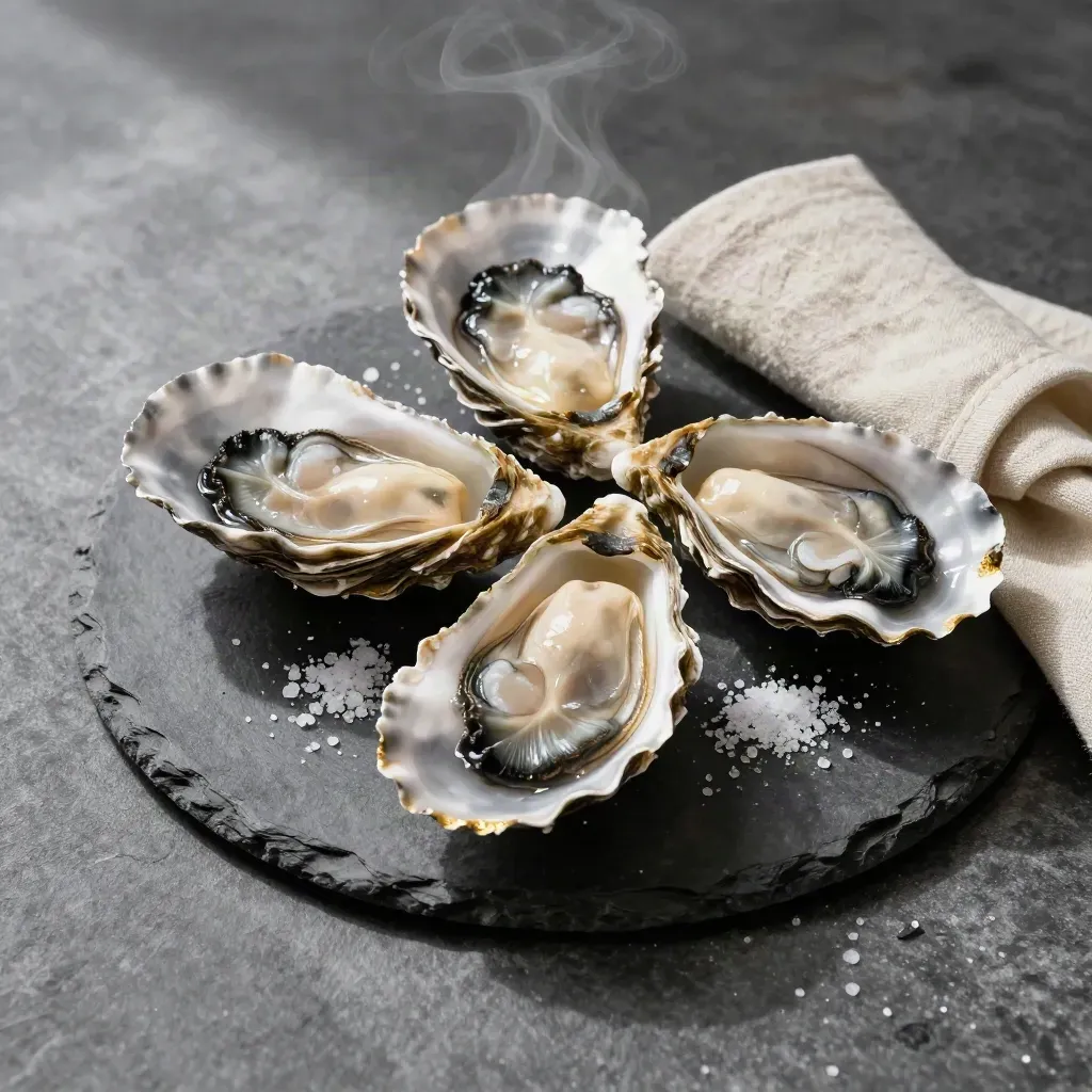 Three oysters on a slate plate with salt, linen napkin, and rising steam