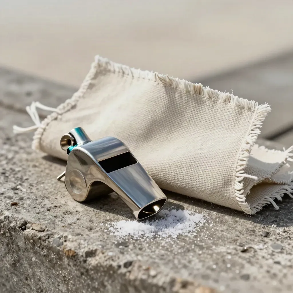 Whistle, line clamp, and sailcloth sample on concrete in sea spray