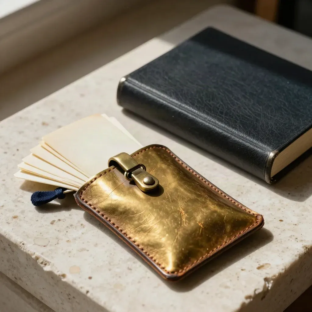 Brass pouch, blank tabs, and a ledger box on stone under dramatic side light.