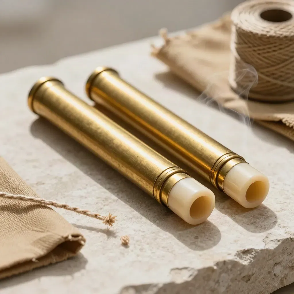 Brass message tubes sealed with wax on pale stone, with twine and soft steam.