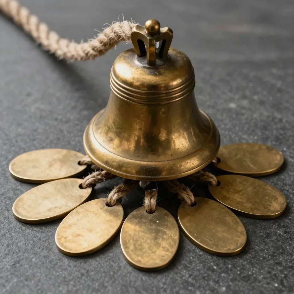 Top-down brass bell with room tokens and rope pull on dark stone
