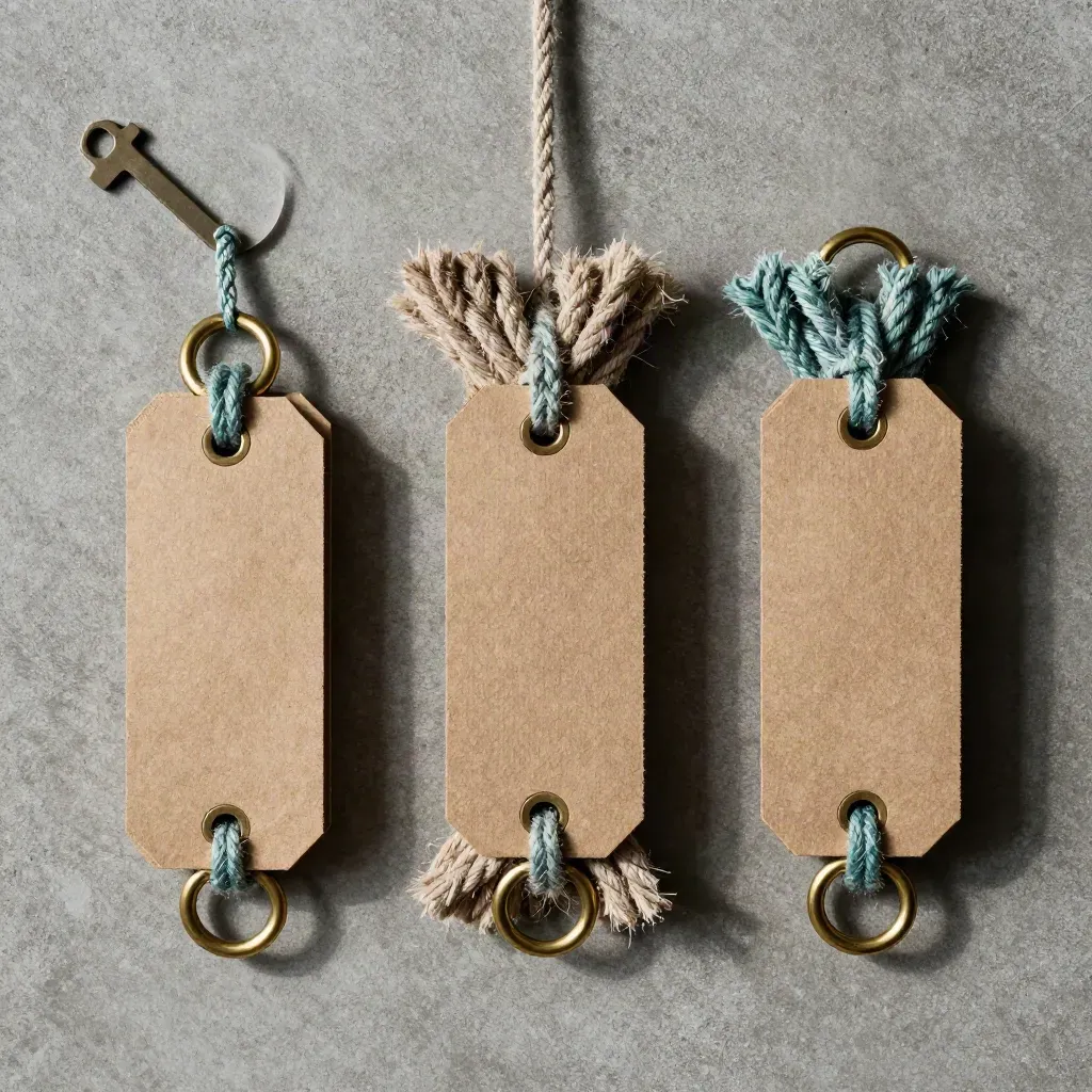 Three rope-tied tag bundles with brass rings on concrete, seen from above in a centered grid.