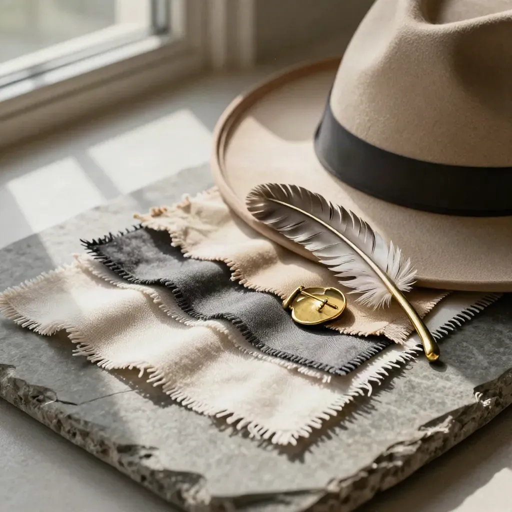 Tricorn hat pin, feather badge, and fabric swatches fanned on stone in soft daylight.