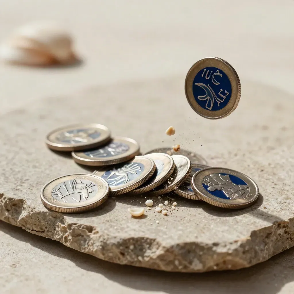 Macro of embossed metal reaction coins and shell chips fanned across pale stone, one coin razor-sharp.