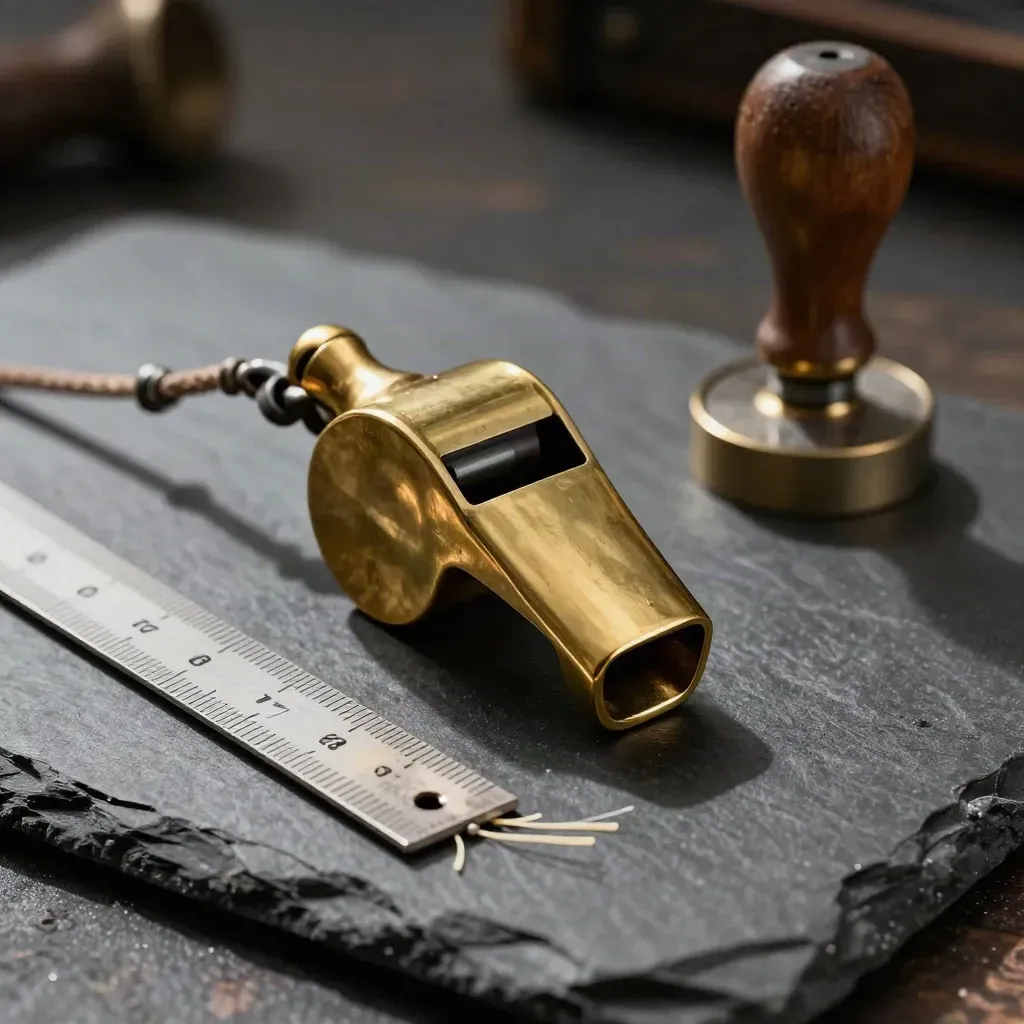 Brass whistle, locking clasp, and corded stamp on slate under dramatic light.