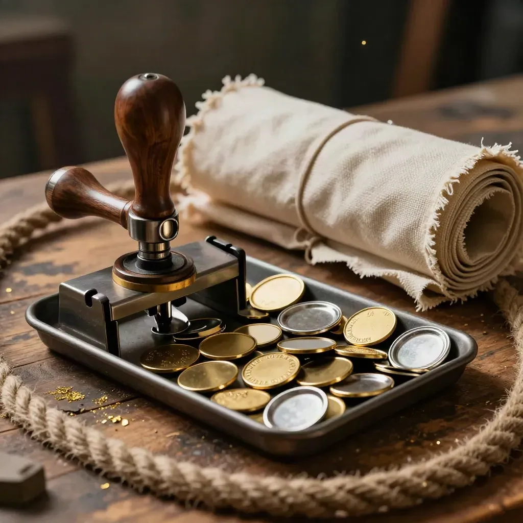 Badge press, enamel pin tray, and rolled banner cloth on a workbench through a rope loop.