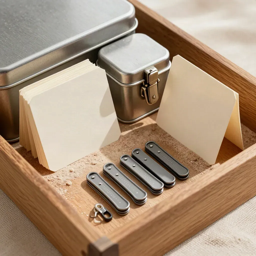 Locking tin, divider cards, and cable clips seen through mesh on honey oak.