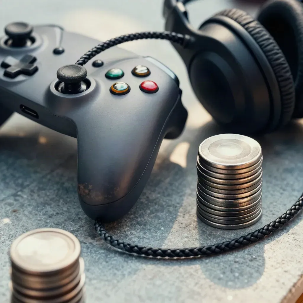 Macro still life of a controller shell, braided headset cable, and arcade tokens on a game bench.