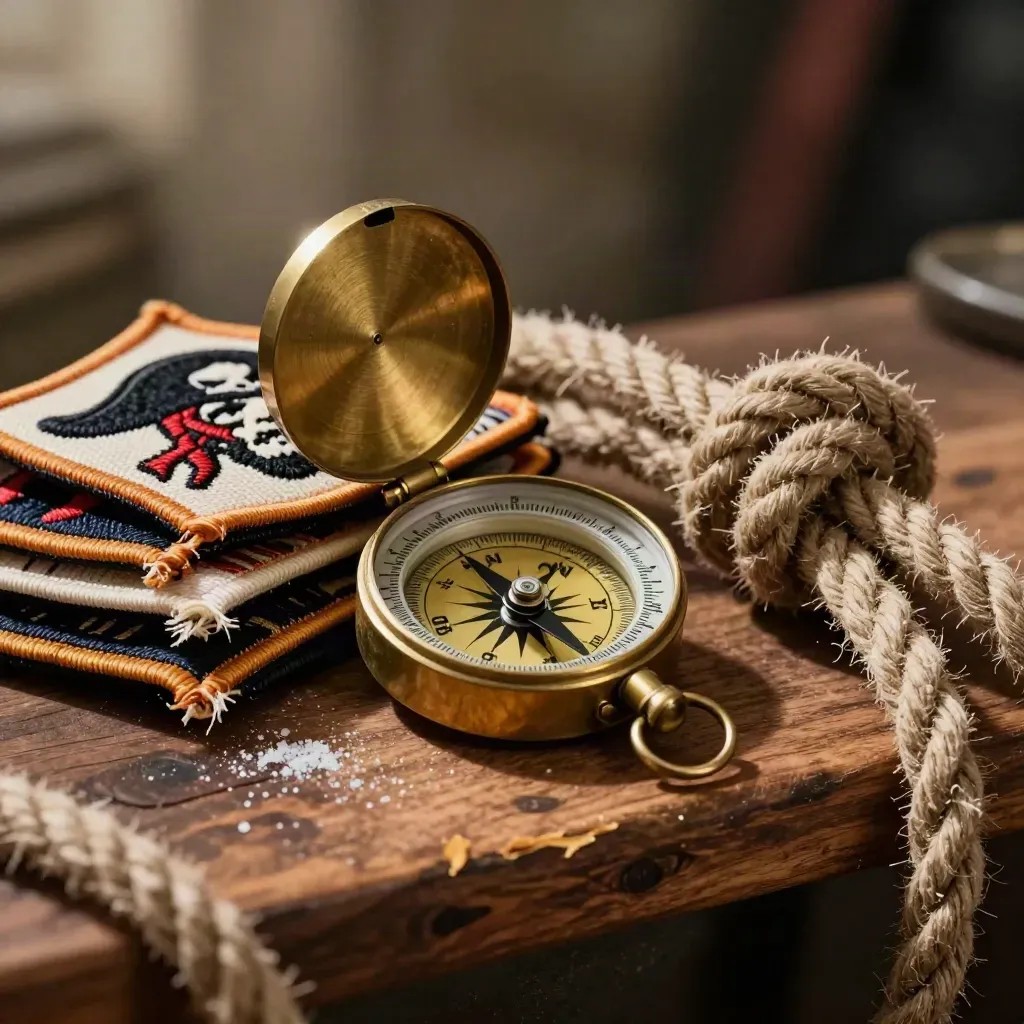 Brass compass, embroidered patches and rope knot on a worn walnut shelf.