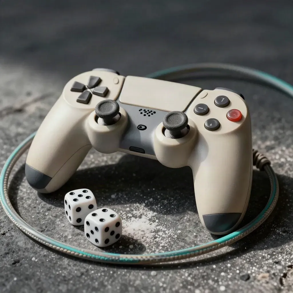 Macro still life of a split cable, controller shell and dice on smoked stone