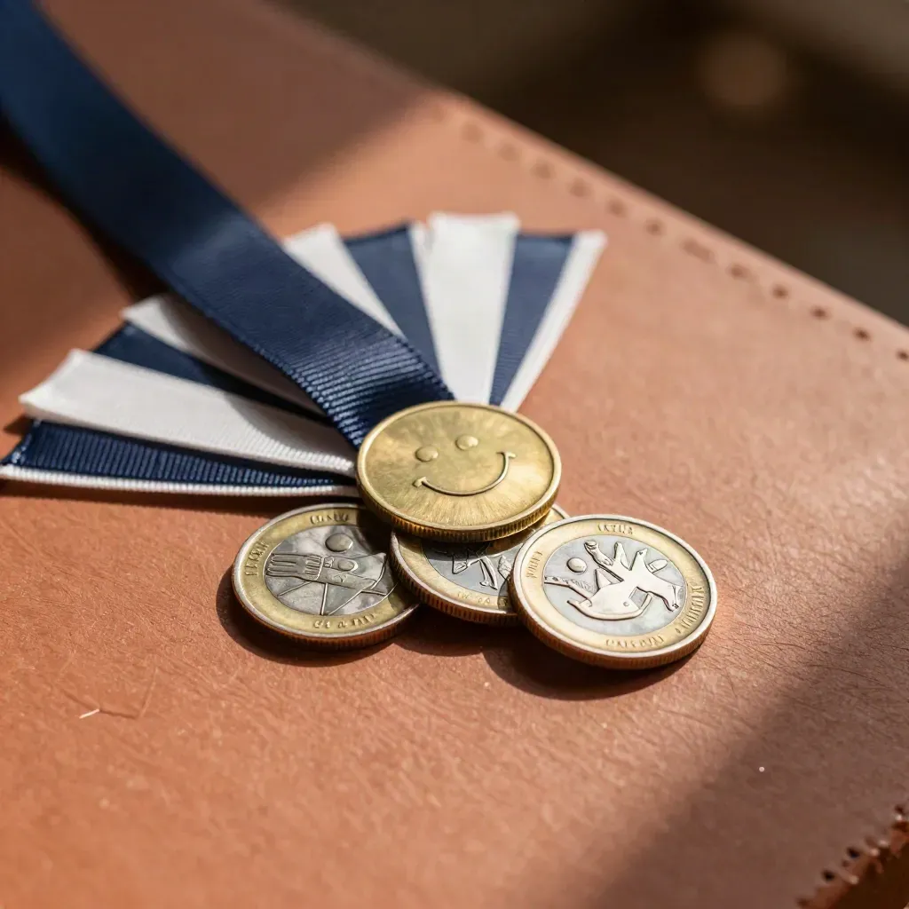 Enamel reaction coins, ribbon swatches and a brass badge on terracotta, lit warmly.