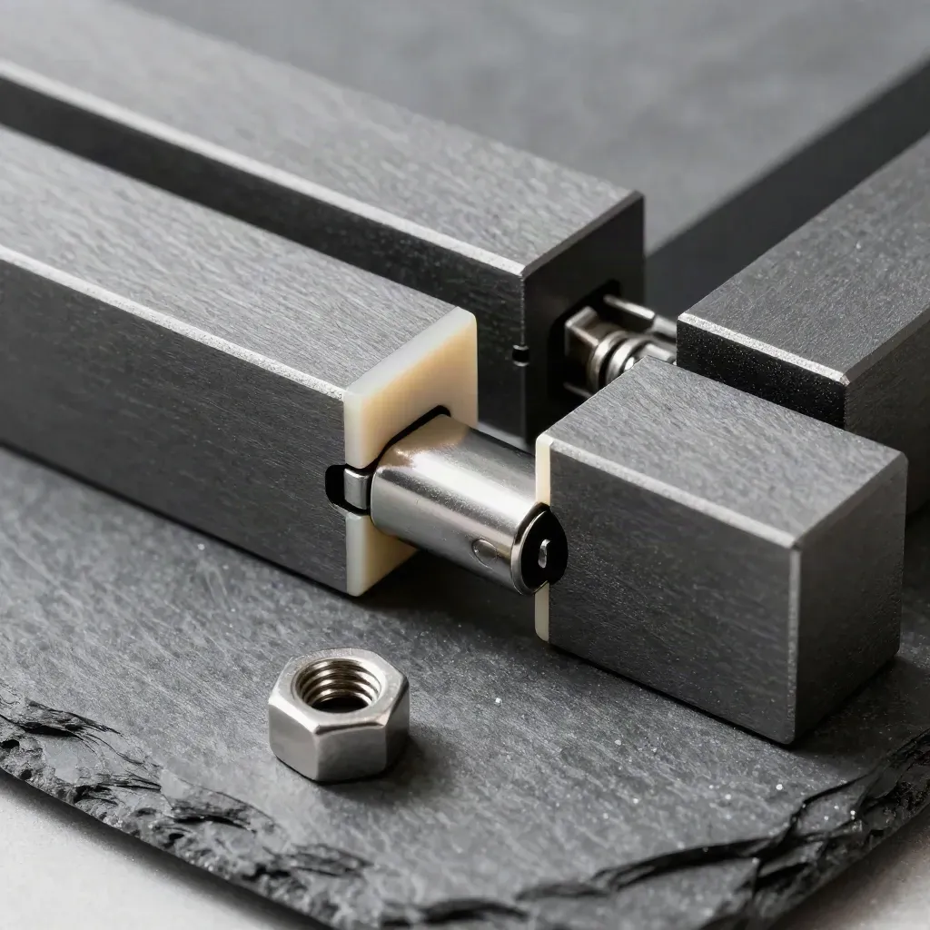 Macro still life of graphite dovetail blocks, stainless clasp, and hex spacer on slate