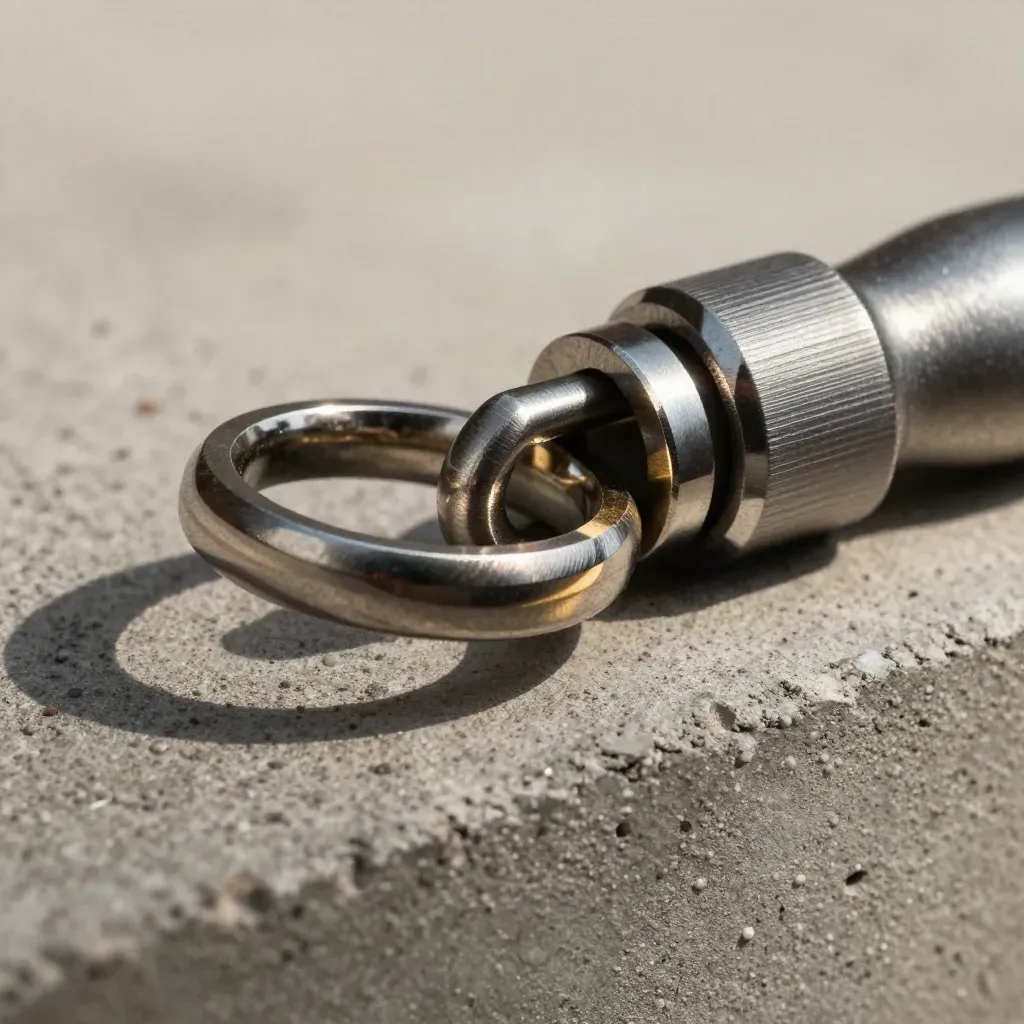 Macro still life of metal rings and a coupler on concrete with a gold accent, lit from upper left.