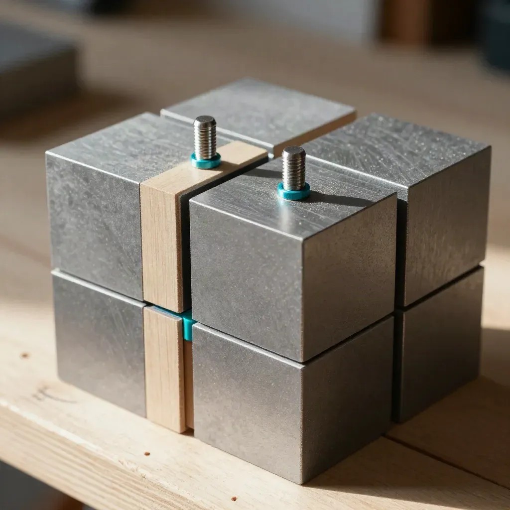 Graphite modular cubes with steel pins on pale wood, lit from upper left.