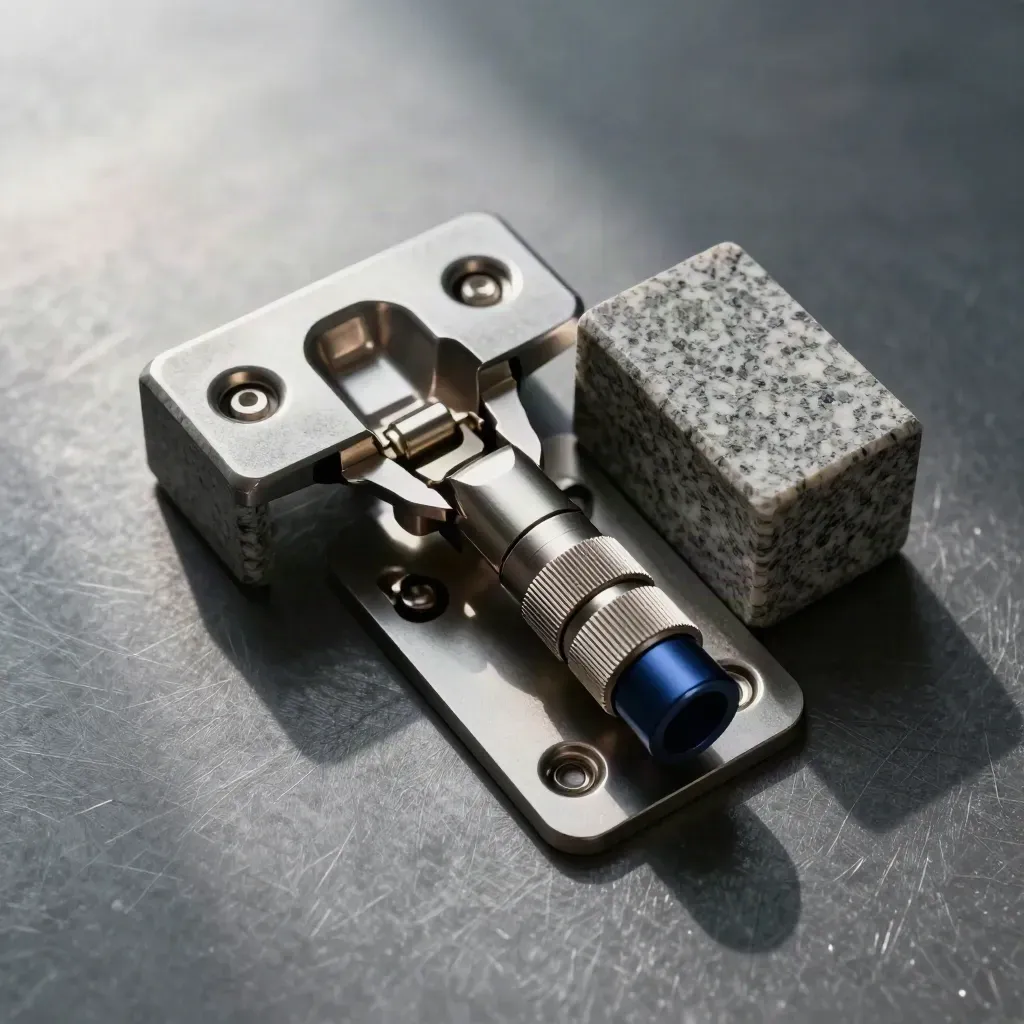 Top-down still life of a hinge plate, granite blocks and connector on brushed metal with navy accent.